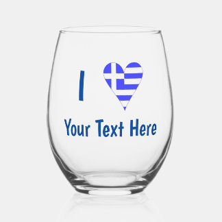 I (Greek Flag Funky Heart) Your Text Stemless Wine Glass