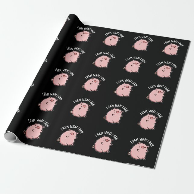 I Ham What I Ham Funny Pig Pun Dark BG Wrapping Paper (Unrolled)