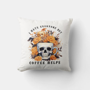 I Hate Everyone But Coffee Help Skeleton Halloween Throw Pillow
