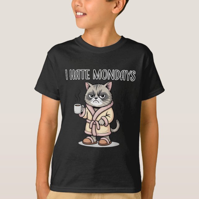 I Hate Mondays Funny Cat Coffee T-Shirt (Front)