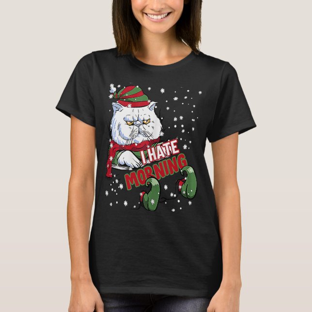 I Hate Morning Cat Kitten Angry Elf Cat Grumpy Kit T-Shirt (Front)
