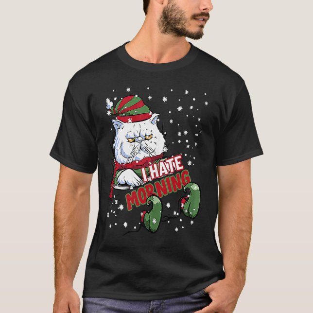 I Hate Morning Cat Kitten Angry Elf Cat Grumpy Kit T-Shirt (Front)