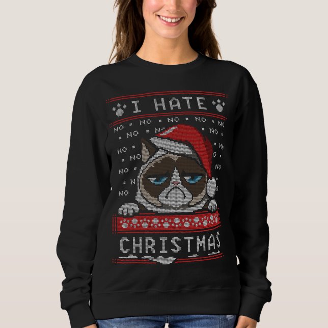 I Hate Xmas Funny Angry Cat Ugly Christmas Sweater (Front)