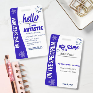 I Have Autism ID Personalized Autistic Name Badge