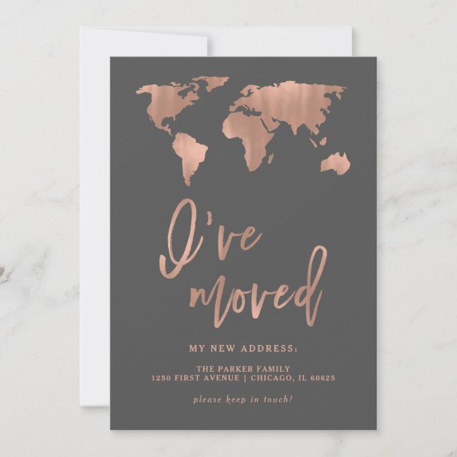 I Have Moved Announcement | Faux Rose Gold Map (Front)