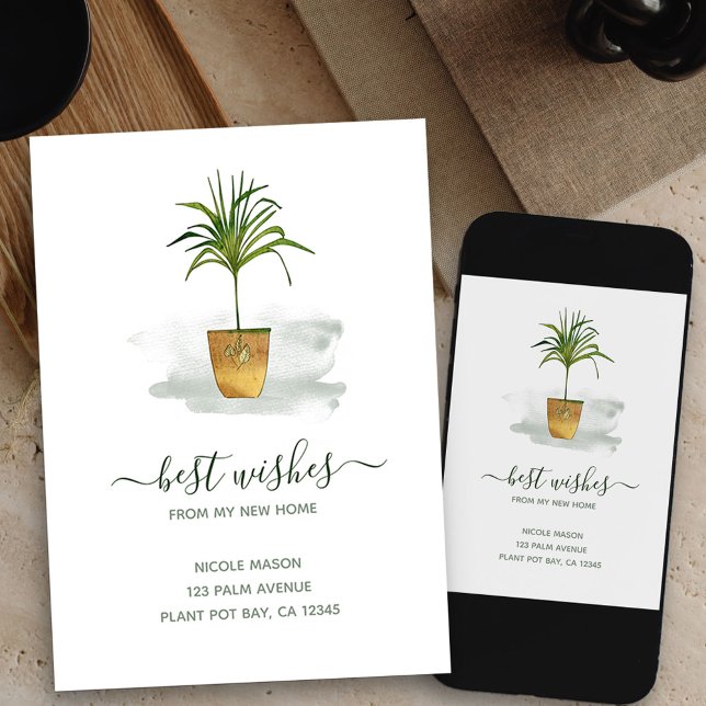 I Have Moved Potted Palm Plant My New Home Moving Announcement (elegant plant new address card available printed or as printable digital download)