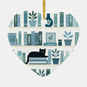 I have no shelf control Bookshelf & Cat heart Ceramic Ornament