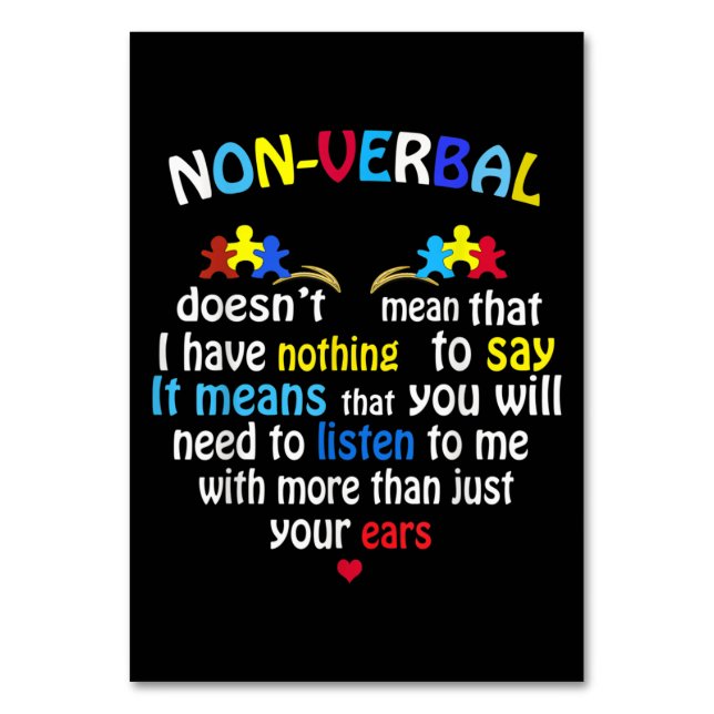 I Have Nonverbal Autism Awareness Puzzle Piece Table Number (Front)