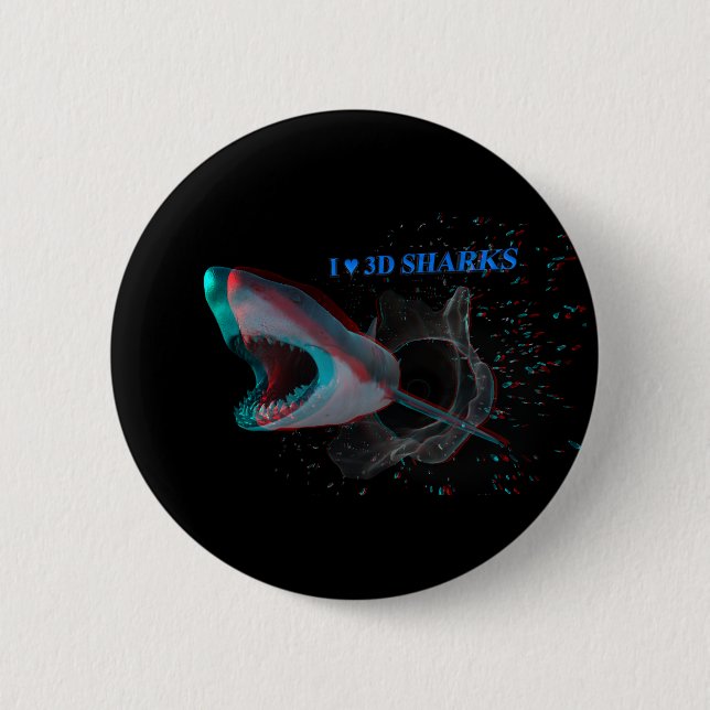I Heart 3D Sharks 2 Inch Round Button (Front)