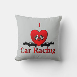I Heart Car Racing Grey Throw Pillow