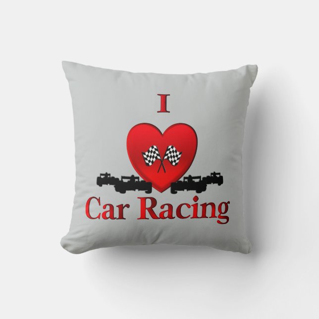 I Heart Car Racing Grey Throw Pillow (Front)