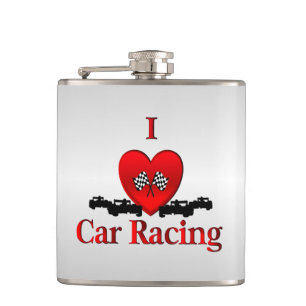 I Heart Car Racing Silver Hip Flask