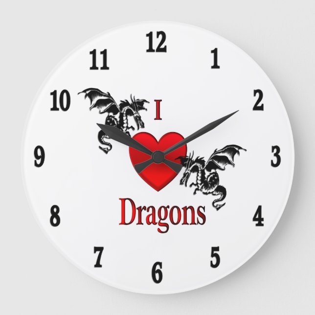 I Heart Dragons Black Numbers Large Clock (Front)
