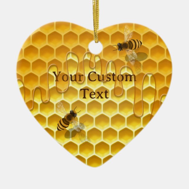 I Heart Honeybees Honeycomb Custom Text Ceramic Ornament (Front)