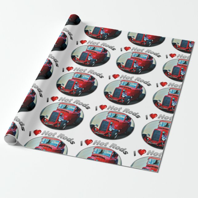 I Heart Hot Rods - Matte Wrapping Paper, 30" x 6' Paper (Unrolled)