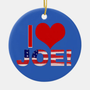 I Heart JOE! On Blue With Flag Ceramic Ornament