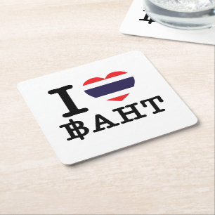 I Heart (Love) Baht Square Paper Coaster