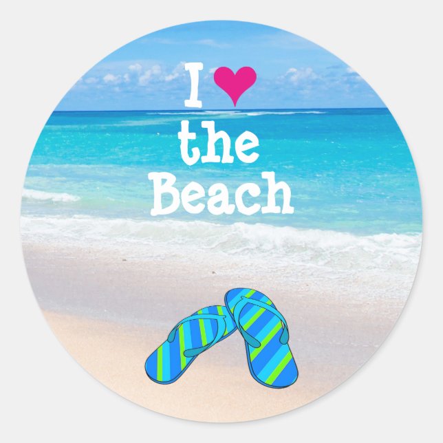 I Heart (Love) the Beach Flip Flops in the Sand Classic Round Sticker (Front)