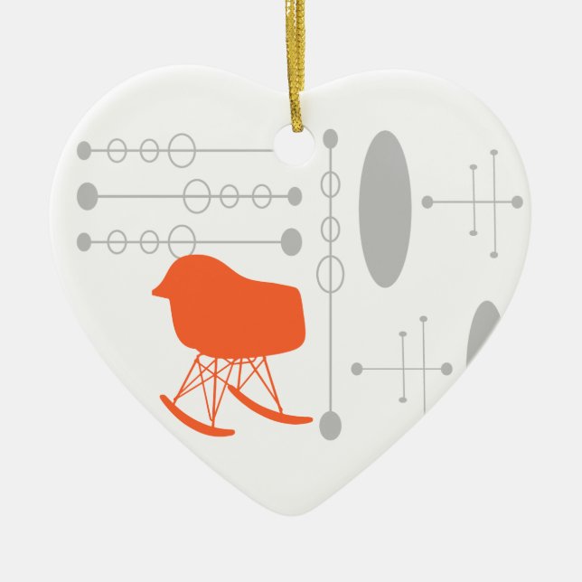 I Heart Mid-Century Gray Pattern Chair Silhouette Ceramic Ornament (Front)