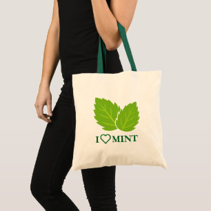 I heart mint tote bag with green herb leafs logo