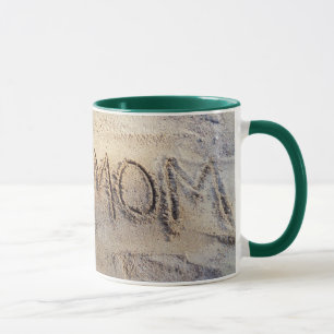 I heart Mom, sand writing beach love mug
