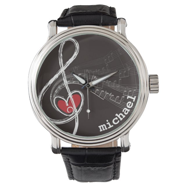 I HEART MUSIC Treble Clef Black Personalized Watch (Front)