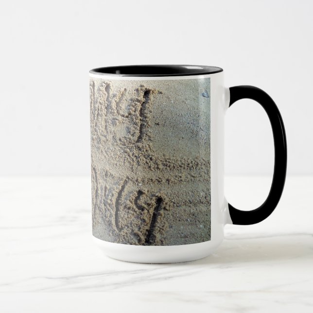 I heart my family, sand writing beach love quote mug (Right)