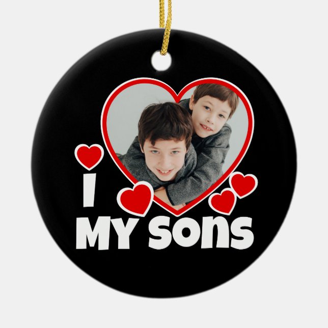 I Heart My Sons Personalized Photo Ceramic Ornament (Front)