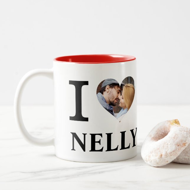 I Heart Personalized Couples Photo Love Two-Tone Coffee Mug (With Donut)