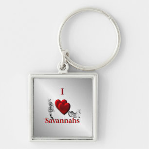 I Heart Savannah Cat Silver Keychain