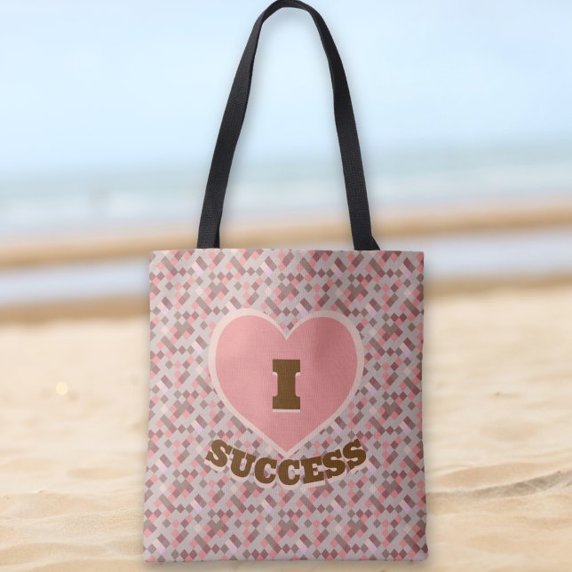 I Heart Success Chequered Pattern Coral Pink Brown Tote Bag (I Heart Success Checkered Pattern Coral Pink Brown Tote Bag)