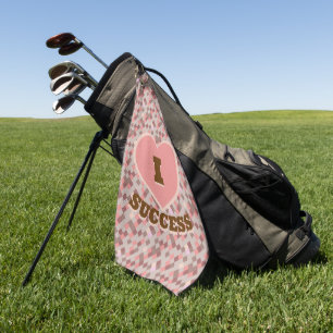 I Heart Success Coral Brown Pink Chequered Pattern Golf Towel
