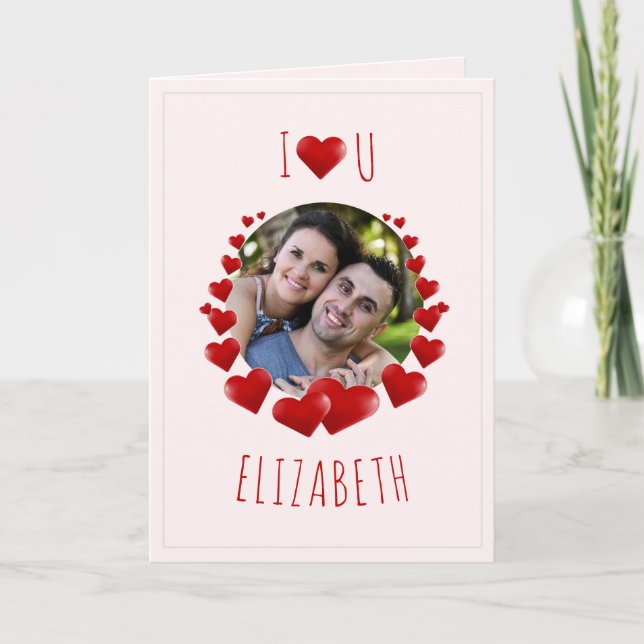 I Heart U, Red Hearts | Custom Photo Greetings Card (Front)