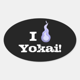I Heart Yokai! Blue Fireball Spirit Oval Sticker