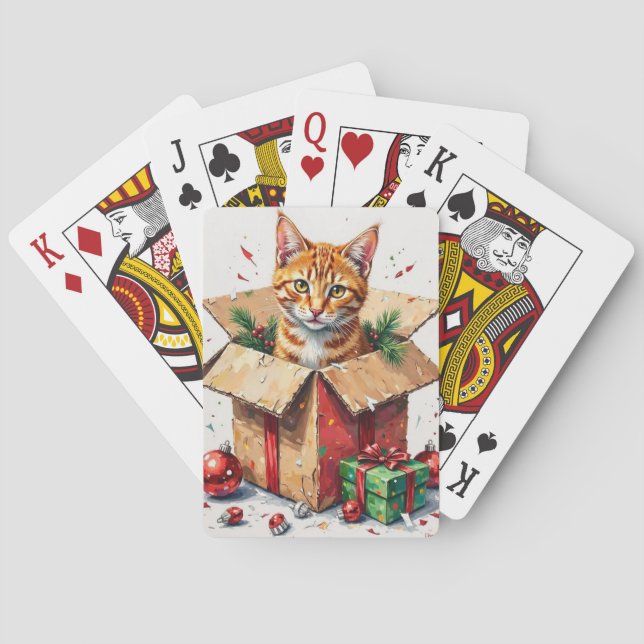 I Help Unpack! Funny Cat in Christmas Shipping Box Playing Cards (Back)