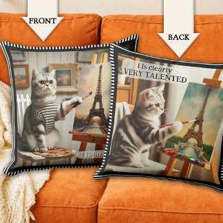 "I Is Clearly Very Talented" Funny Artist Cat Throw Pillow