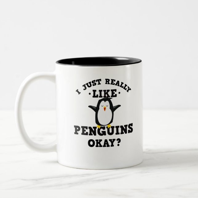 I Just Really Like Penguins Quote Two-Tone Coffee Mug (Left)