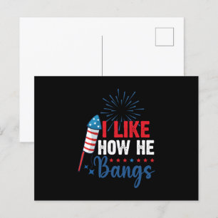 I Like How He Bangs Patriotic July 4th Couple Invitation Postcard