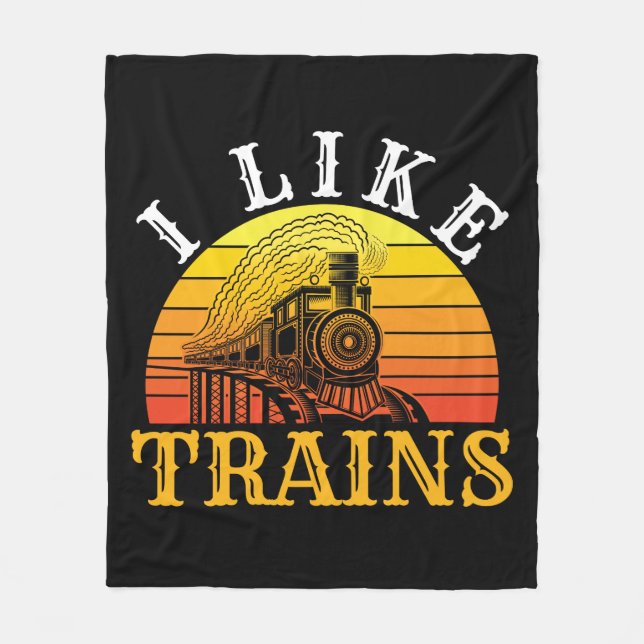 I Like Trains Retro Train Lover Fleece Blanket (Front)