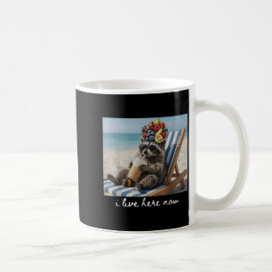 I Live Here Now Funny Raccoon Drinking Iced Coffee Mug