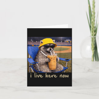 I Live Here Raccoon Coffee Funny Baseball Softball Card