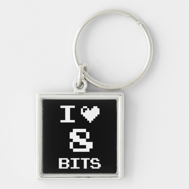 I Love 8 Bits, gamer geek design Keychain (Front)
