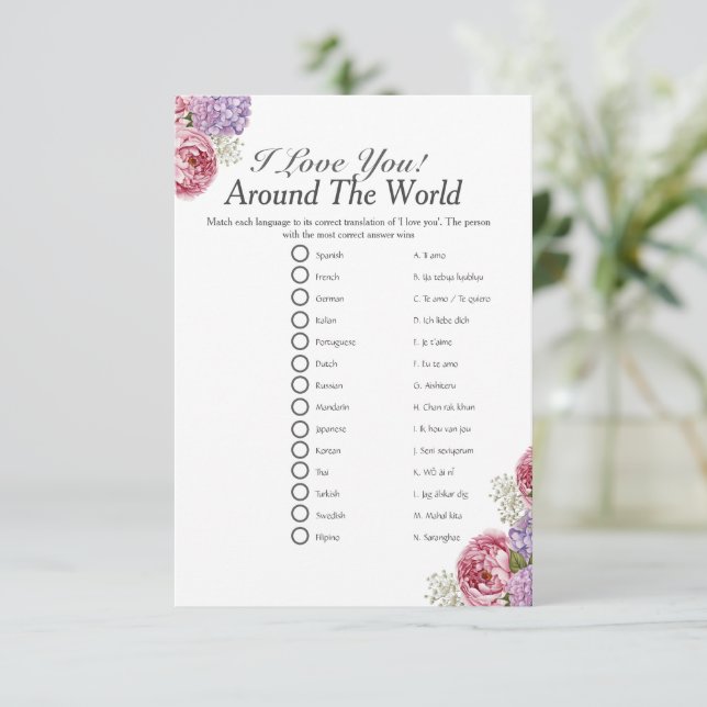 I love around the world floral Bridal shower game Invitation (Standing Front)