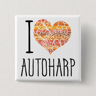 I Love Autoharp Orange Mandala Heart 2 Inch Square Button