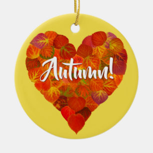 I Love Autumn, Bold—Red Aspen Leaf Heart 1 Ceramic Ornament