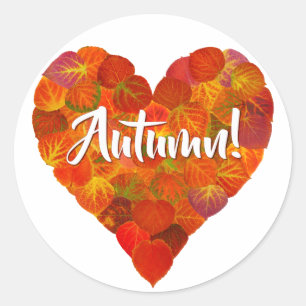 I Love Autumn, Bold—Red Aspen Leaf Heart 1 Classic Round Sticker