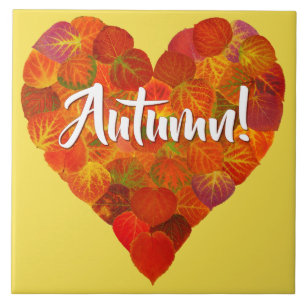 I Love Autumn, Bold—Red Aspen Leaf Heart 1 Tile