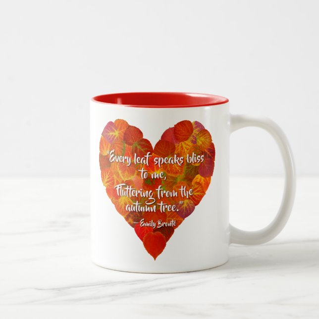 I Love Autumn—Red Aspen Leaf Heart 1, Brontë Quote Two-Tone Coffee Mug (Right)