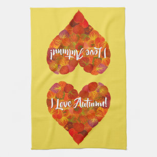 I Love Autumn!—Red Aspen Leaf Heart 1 Kitchen Towel
