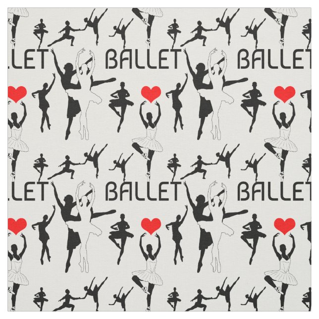 I Love Ballet Pattern. Black Ballet Dancers Fabric (Swatch)